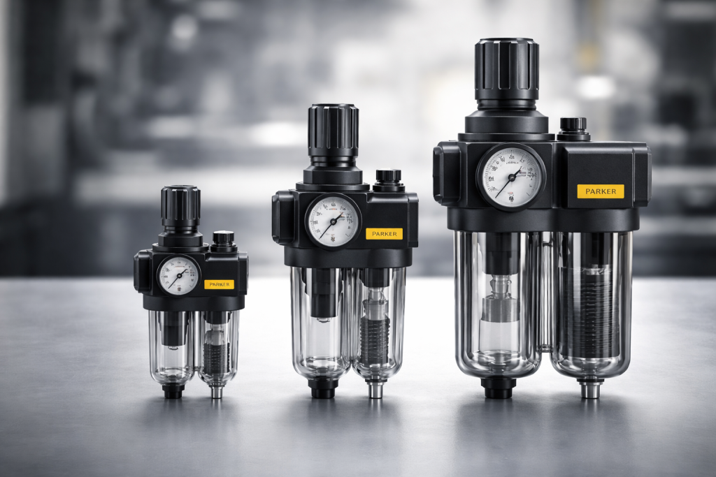 Guía de selección FRL: Diferencias clave entre las series Parker P31, P32 y P33. (El usuario ya identificó que necesita preparación de aire Parker, pero requiere criterios técnicos para elegir el modelo exacto).